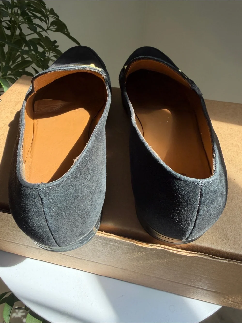 Aquatalia Black Suede Loafers with Gold Accent